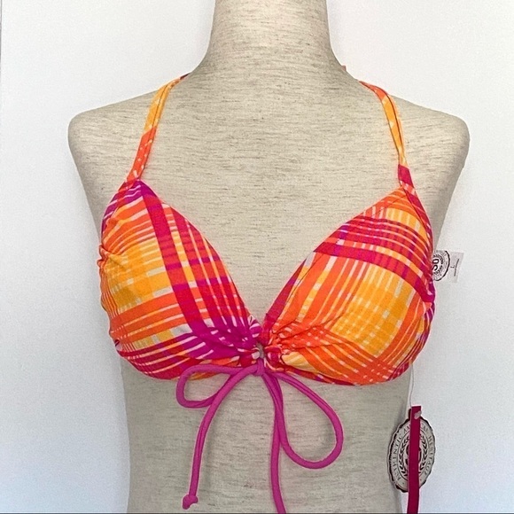 Reversible Bikini Halter Top Juniors Sz L Pink Orange Yellow Stripe Chevron - Picture 1 of 11